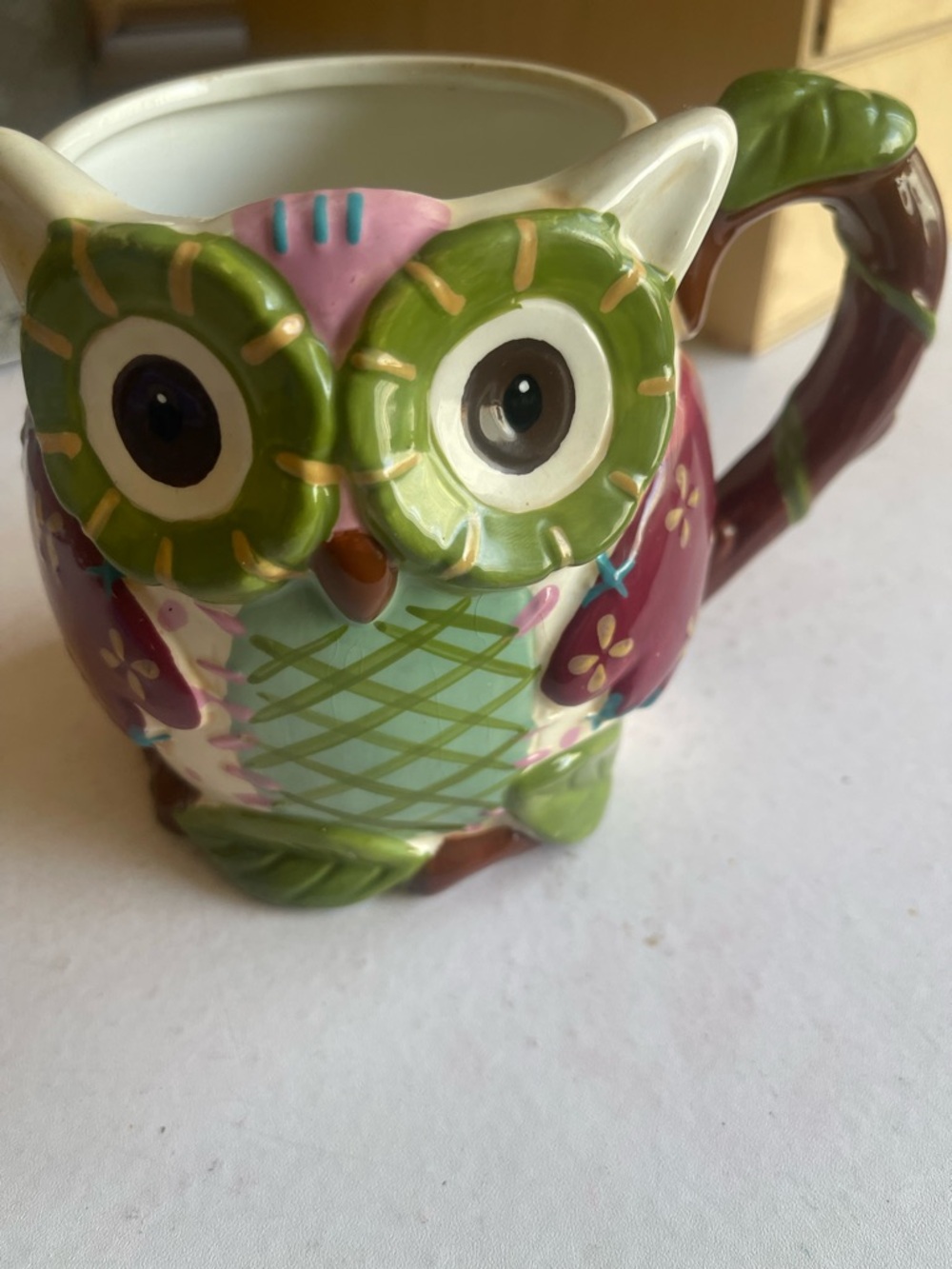 Pier 1 Multicolor Owl Ceramic Mug - Green, Pink, Teal, Brown